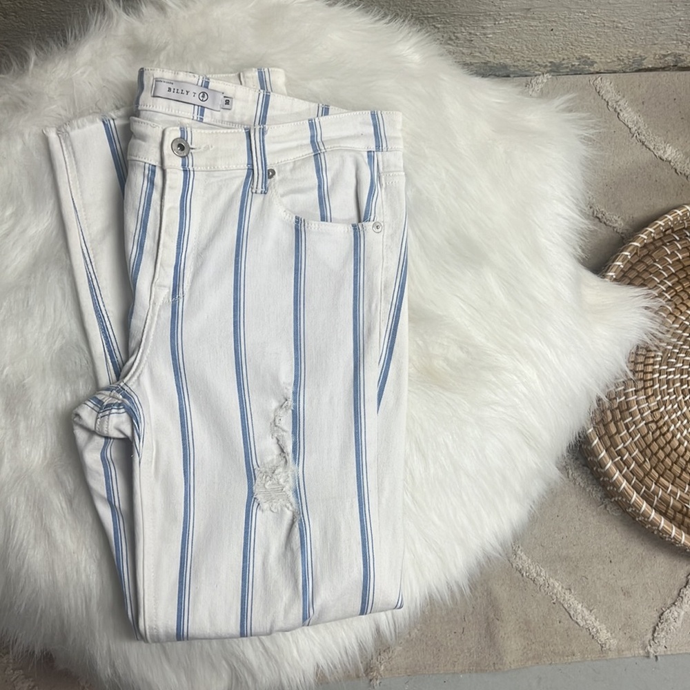 Striped Ankle Cropped Jeans in White & Light Blue - - Picture 2 of 8